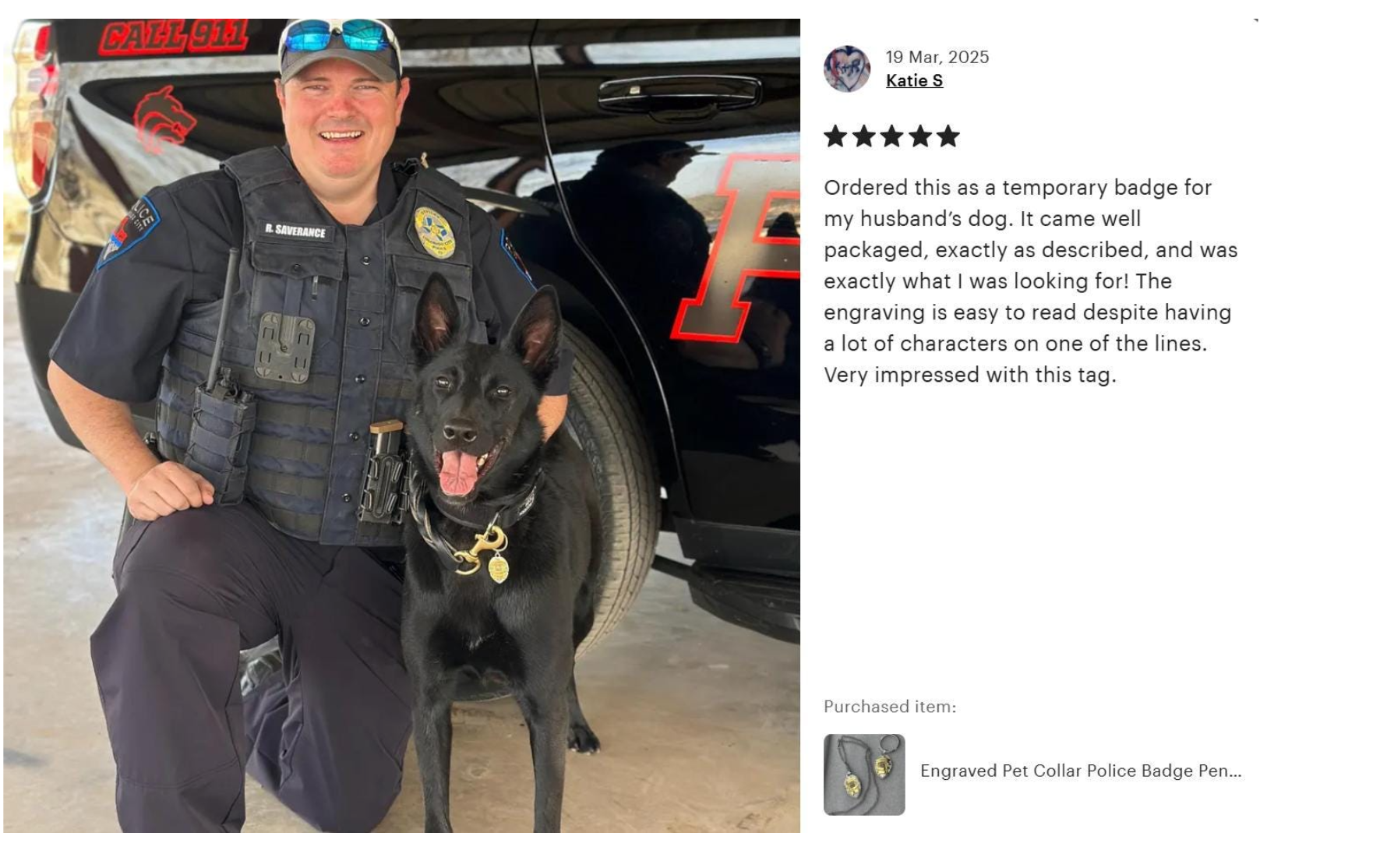 Police officer and K9 with an MBC engraved badge, alongside five-star customer feedback