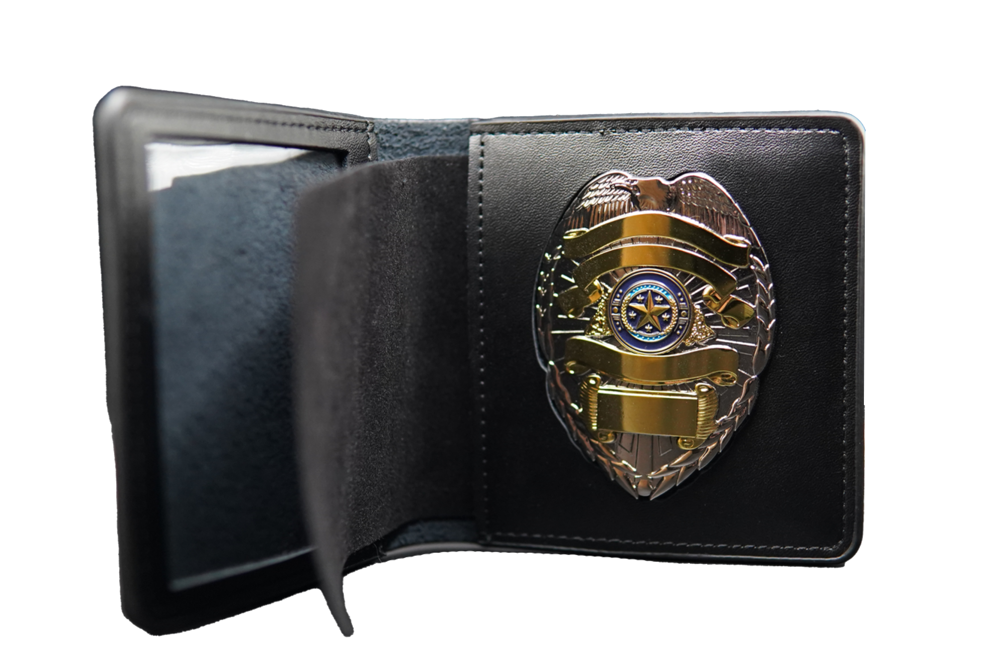 Engraved police badge in a black leather wallet with ID window