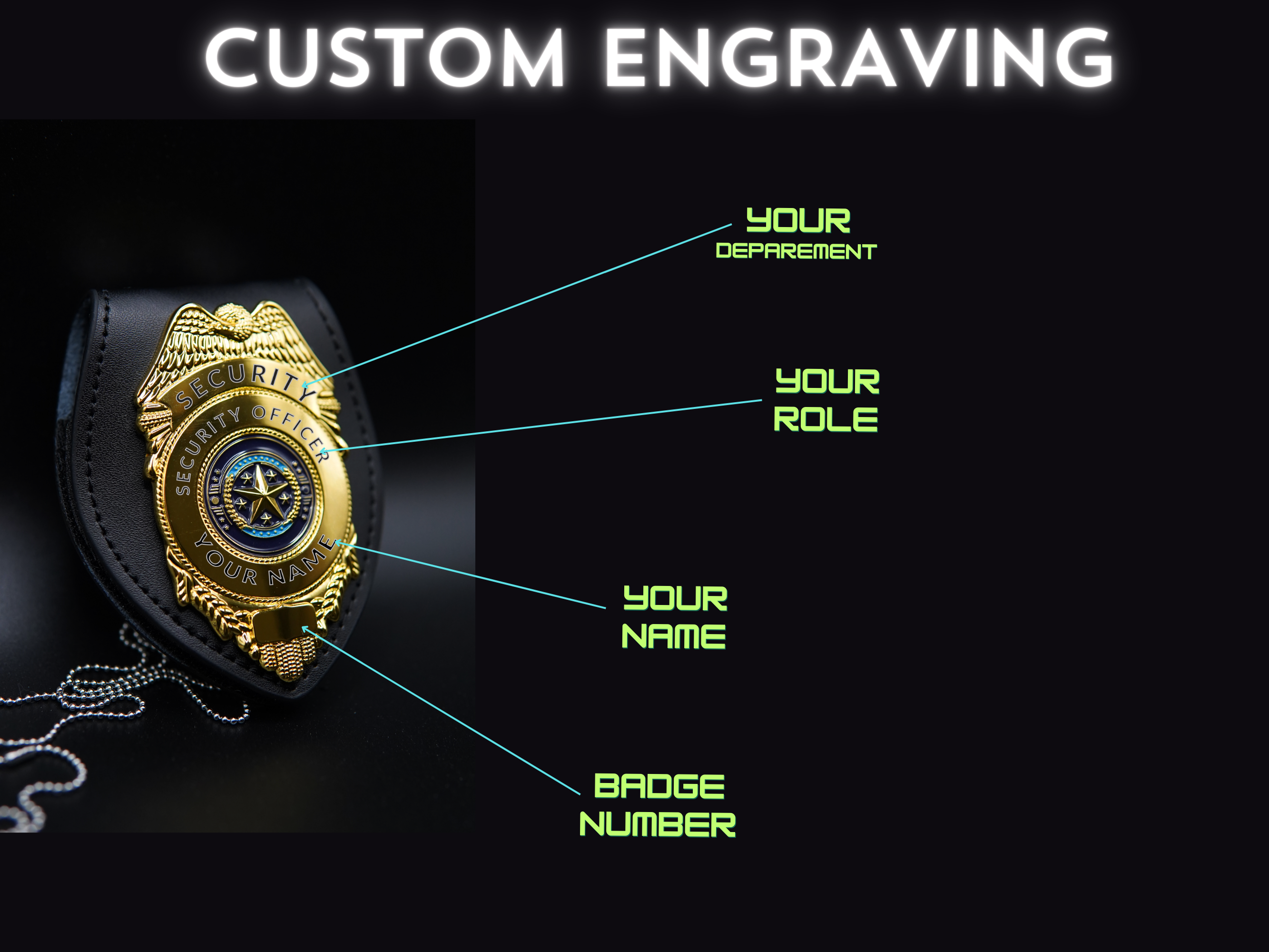 Custom engraved security officer badge showing department, role, name and badge number